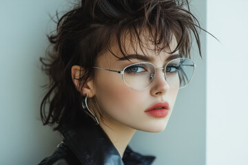 Fototapeta premium Woman in glasses and black jacket walking confidently through a bustling city street. Pedestrians and skyscrapers blur in the background.