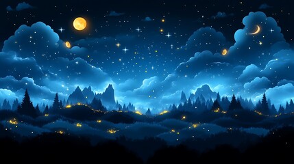 Naklejka premium A beautiful night landscape with trees and glowing sky above