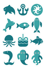Ocean Life Teal Icons Set: Dolphin, Anchor, Fish