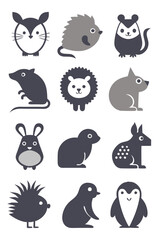 Cute Cartoon Animal Icons Set with Grey Palette
