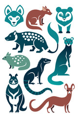 Stylized Australian Animals Illustration: Quoll, Bilby, and Bandicoot