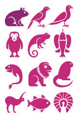 Collection of purple animal icons on a white background