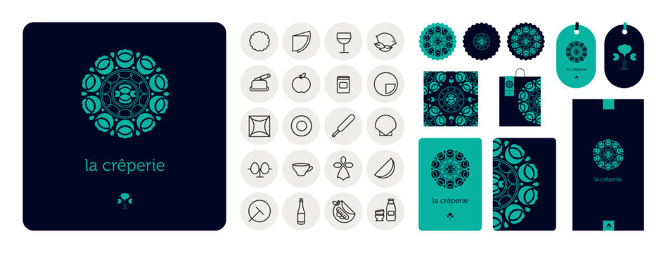 Image de marque pour un restaurant cr&ecirc;perie avec la d&eacute;clinaison du menu, &eacute;tiquettes, boite, sac, sticker, carte de visite, symboles. Logo et ic&ocirc;nes pour une cr&ecirc;perie.