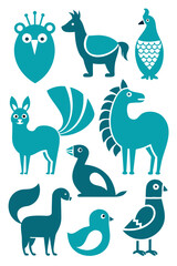Stylized Teal Animals Illustration on White Background Art