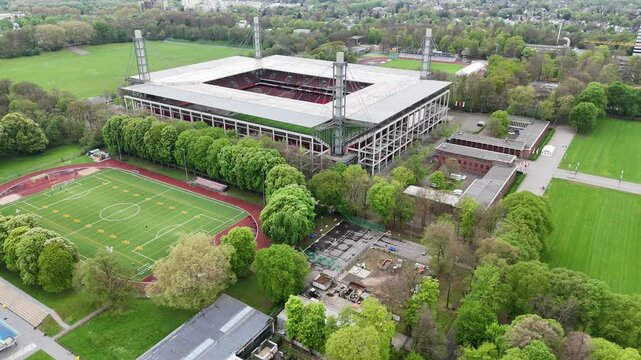 LEVERKUSEN, GERMANY - 18 APRIL, 2025: Aerial spring view of Rhein Energie Stadium, home stadium of Bundesliga football club 1.FC Koeln 