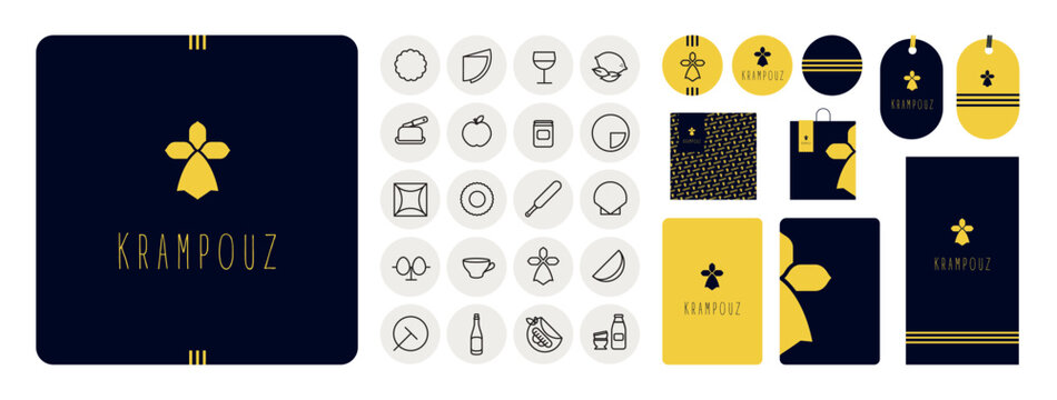 Image de marque pour une cr&ecirc;perie avec la d&eacute;clinaison du menu, &eacute;tiquettes, boite, sac, sticker, carte de visite, symboles. Logo et ic&ocirc;nes pour une cr&ecirc;perie. symbole hermine Bretagne. pictos.