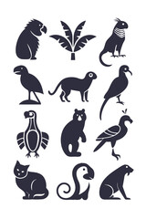 Obraz premium Various tropical animal and plant silhouettes flat design