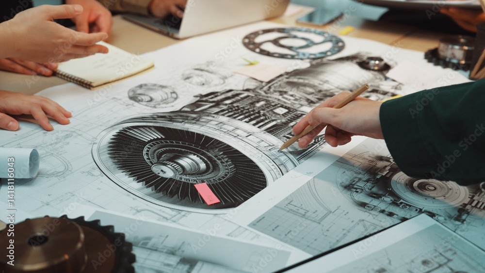 Aufkleber a technical team engages in collaborative discussion over an engineering blueprint, analyzing intric