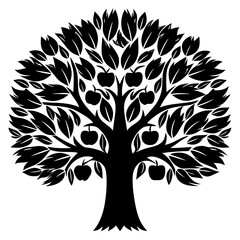 Obraz premium Stylized Black and White Apple Tree Illustration with Branches and Fruit