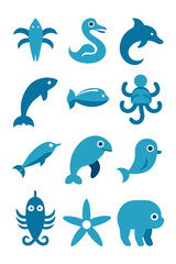 Blue Cartoon Sea Animals Illustration on White Background