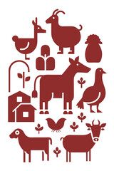 Farm Animals Illustration in Retro Style Minimalist Design