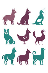 Stylized Silhouette Animal Icons: Dog, Cat, Bird, and Duck