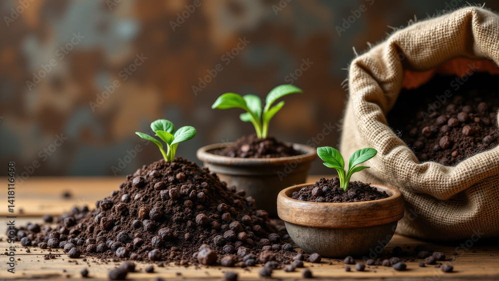 Poster permaculture plant sprouts grow from soil in a rustic setting with a burlap sack.