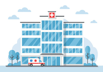 Obraz premium Vector Flat Illustration of a clinic or hospital facade with a clear entrance. Medical architecture