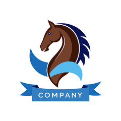 Elegant Brown Horse Logo with Blue Ribbon Company