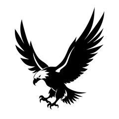 Obraz premium A black eagle silhouette in flight, a vector illustration with wings outstretched, evokes a powerful bird symbol