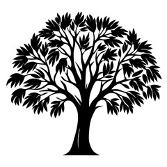 Obraz premium Black Silhouette of a Lush Tree with Many Branches and Leaves