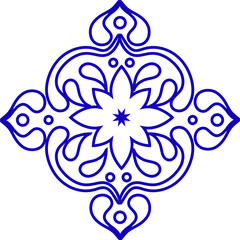 This design is a vibrant blue Talavera ceramic pattern from Mexico, featuring a symmetrical floral motif with elegant curving accents.