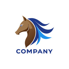 Elegant Horse Head Logo with Flowing Blue Mane