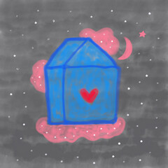 Ð¡ute blue house with a red heart inside, located in outer space on the pink clouds