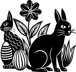 abstract illustration rabbit and cat egg flower easter day silhouette