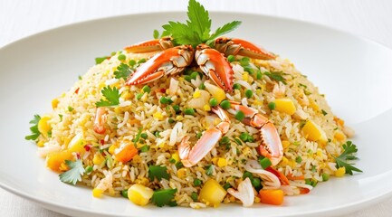 Vibrant crab fried rice garnished with fresh herbs, colorful vegetables, and served with a slice of lime and a dipping sauce in a white bowl