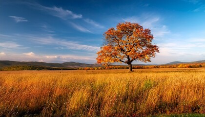 Fototapeta premium Lonely old tree in the middle of a meadow in autumn Hungary