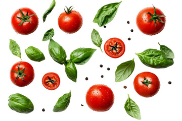 Tomatoes and Basil Composition Floating Red Tomatoes, Basil Leaves, Isolated on Transparent Background, Food Photography, tomato, basil, food