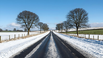 Snowy Country Road With Bare Trees Under Clear Blue Sky
