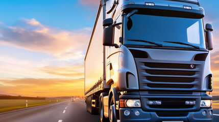 European truck delivering goods on highway at sunset