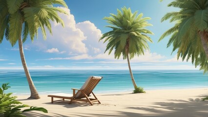 A tropical scene featuring a tall palm tree with vibrant green fronds, standing beside a wooden lounge chair with orange and white stripes