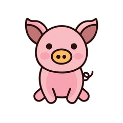 Cute Pink Pig Cartoon Illustration, Isolated on Black