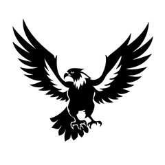 Obraz premium Black vector silhouette of a flying eagle with wings, featuring a red ribbon accent