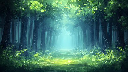 Obraz premium Enigmatic forest path bathed in a gentle light beckons through dark trees and lush greenery Natures tranquility a s