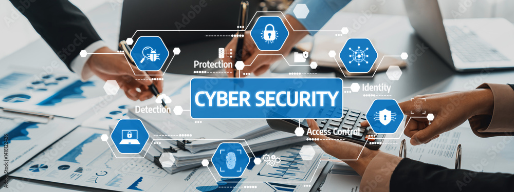 Poster cyber security concepts with digital icons and business hands in an office environment for protectio
