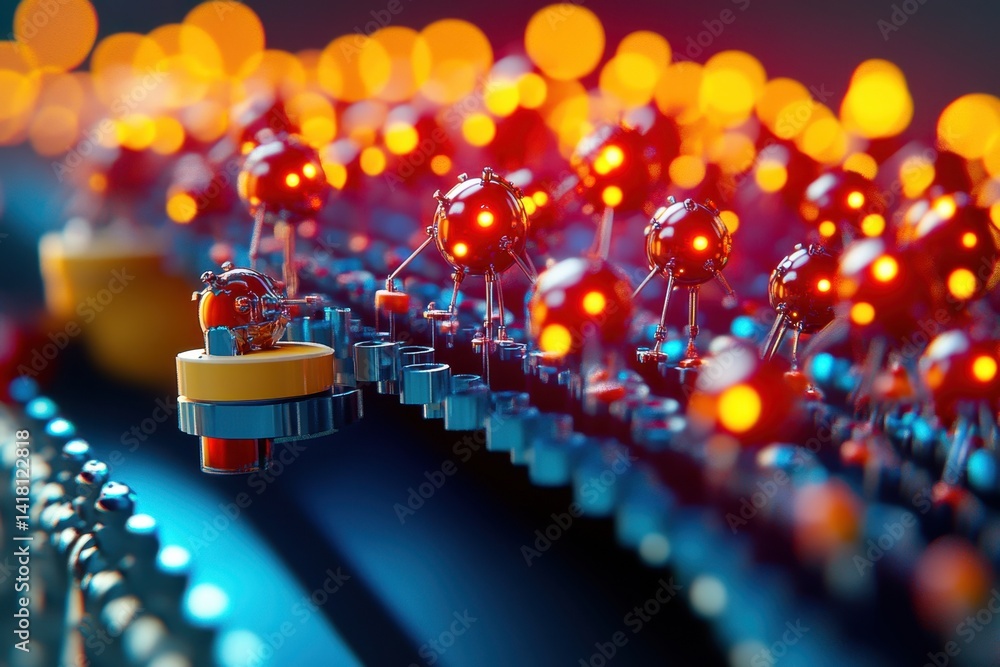 Poster intricate close-up of glowing red sensors on a futuristic circuit board in a tech lab