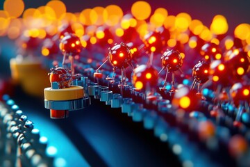 Intricate close-up of glowing red sensors on a futuristic circuit board in a tech lab