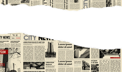 Torn newspaper border banner. Jagged edges. Collage halftone elements. Frame and place fo text. Concept from paper scraps on white background. Trendy design template. Vector illustration