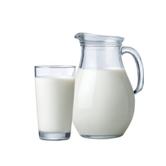 Glass of milk and jug of milk on white background 