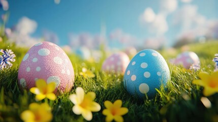 Colorful eggs in meadow