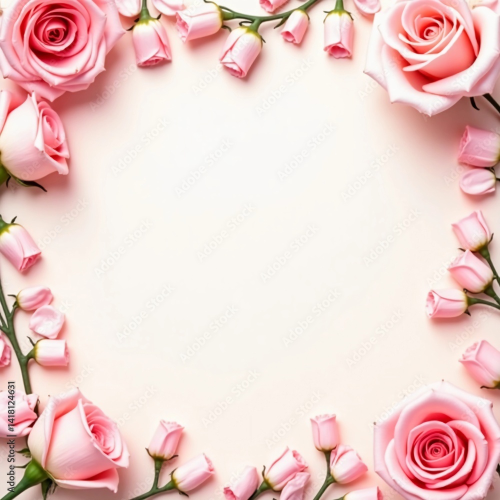 Poster soft pink roses and tiny buds create a charming frame around a blank space, perfect for conveying ro