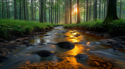 Obraz premium Sunlight filters through trees illuminating a small stream flowing around rocks in a lush green forest Tranquil scene
