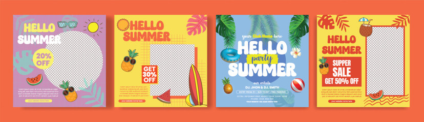 Set of Editable social media post, banner for summer sale discount offer advertising bundle, summer beach pool party square flyer or poster bundle with summer tropical web banner background