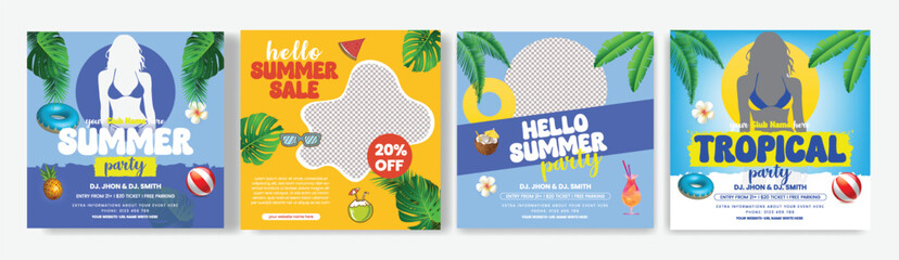 Set of summer beach or pool party editable social media post, banner for summer fashion sale offer template bundle, summer Holiday and tour advertisement, summer square flyer or poster design pack