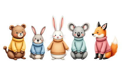 Fototapeta premium Cute animal friends in colorful sweaters.