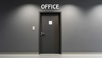 Grey office wall and grey door with sign OFFICE on it