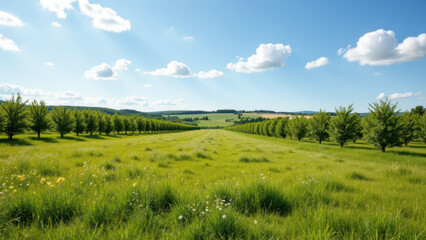 Obraz premium A verdant field with apple trees under a clear blue sky, showcasing agricultural land and nature.