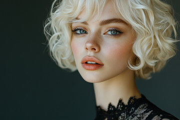 Woman with blonde hair and blue eyes wearing sunglasses smiles in front of a beach, holding a surfboard under a sunny sky with palm trees in the background.