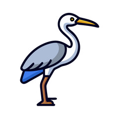 Elegant cartoon heron illustration with vibrant colors on black