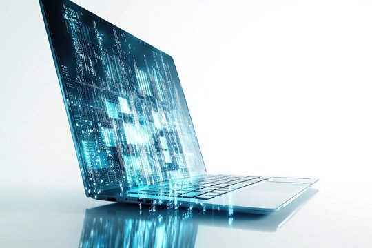 Laptop screen displays futuristic digital data streams and code, symbolizing modern technology and innovation. - Powered by Adobe